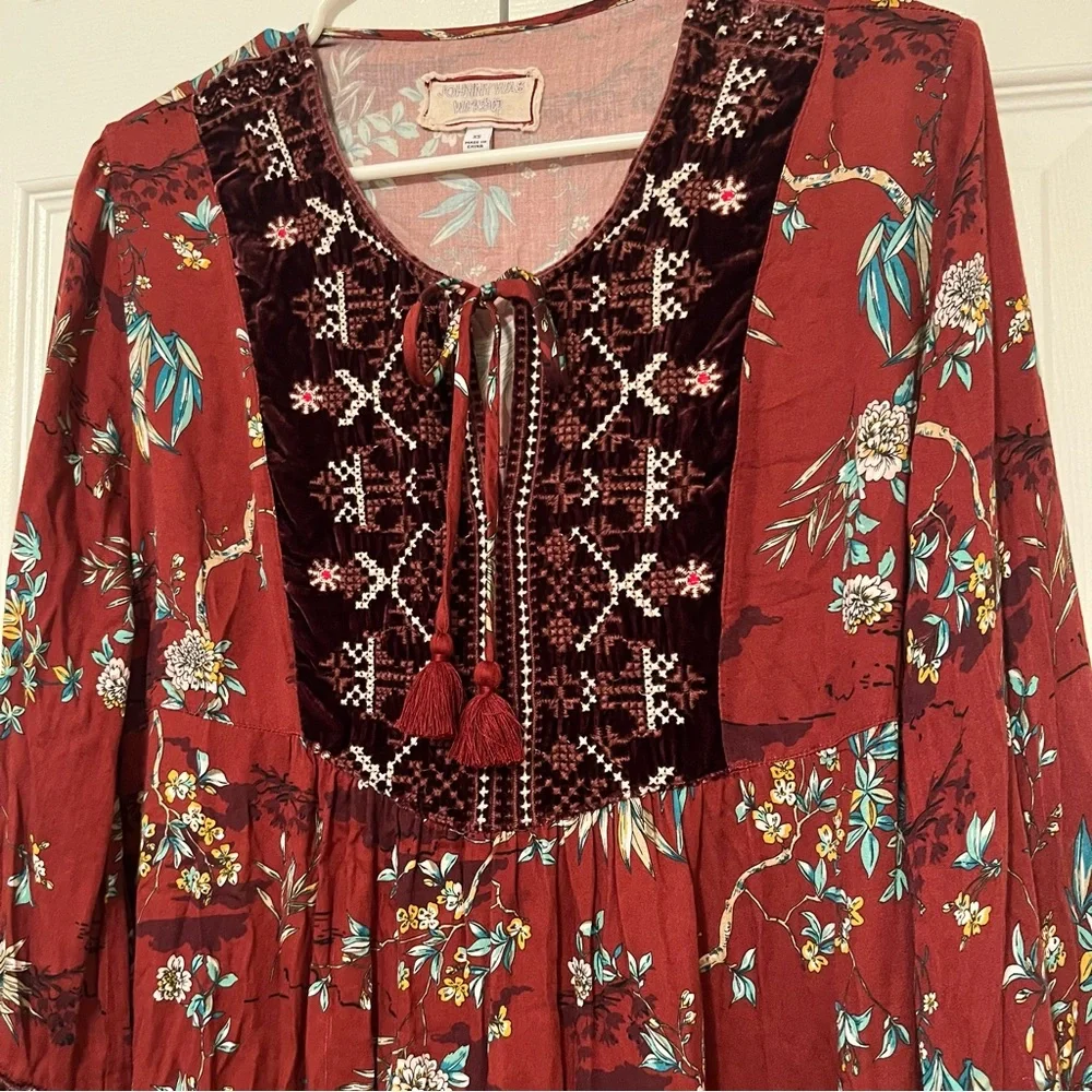 Johnny Was Workshop Dress XS Boho Loose Fit Effortless Tunic Bordeaux Velvet Red - Picture 3 of 9